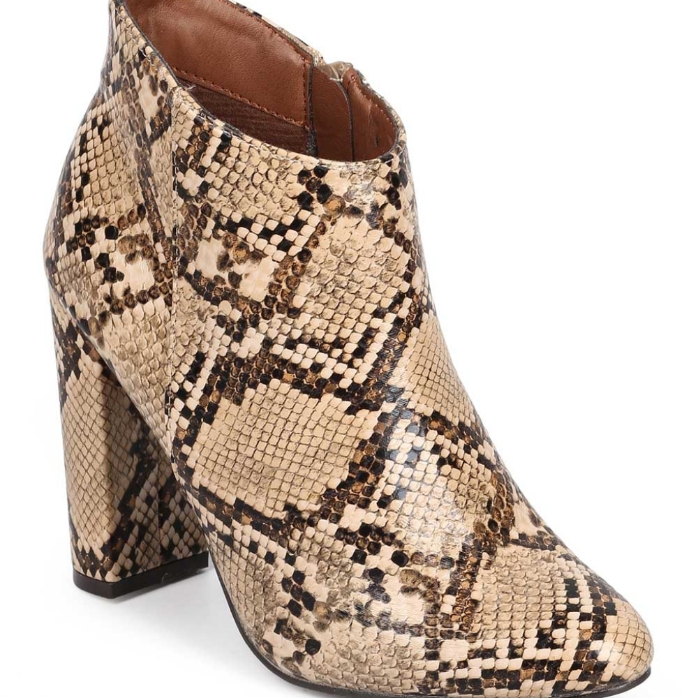 Faux Snakeskin Almond Toe Block Heel Tailored Ankle Bootie